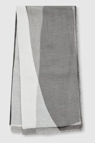 Reiss Grey/white Audrey Linen-blend Printed Scarf