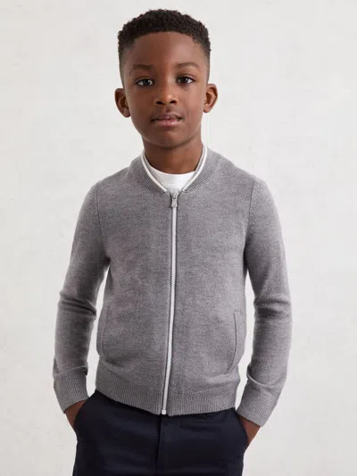 Reiss Grey/white Clifford 9-13 Yrs Zip-through Bomber Cardigan With Wool In Gray