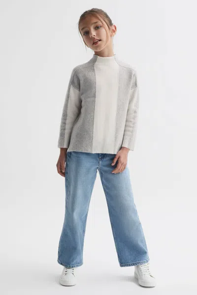 Reiss Grey/white Dulcie 9-14 Yrs Funnel Neck Striped Jumper