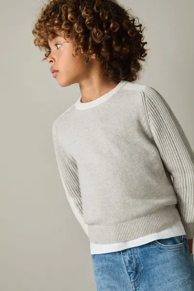 Reiss Grey/white Amis Ribbed-sleeve Jumper With Cotton And Wool