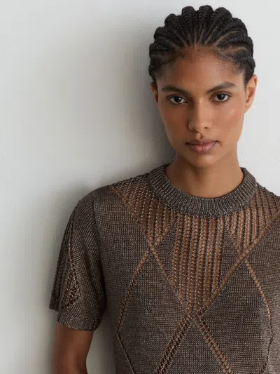 Reiss Gunmetal Grey Metallic Argyle Open-knit Top