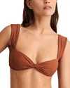 Reiss Womens Hallie Twist-front Ruched-side Stretch-woven Bikini Top Brown
