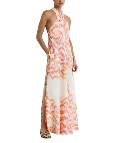 Reiss Coral Orange Printed Halterneck Maxi Dress In Multi