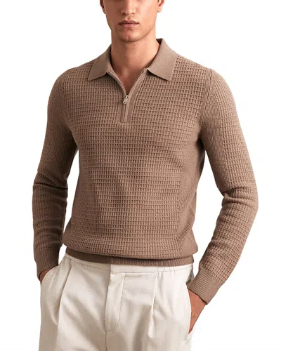 REISS HAMILTON LONG SLEEVED HALF ZIP SQUARE TEXTURED WOOL POLO SHIRT