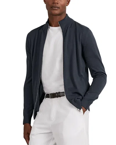Reiss Hampshire Long Sleeved Merino Wool Zip Through Funnel Neck Shirt In Blue