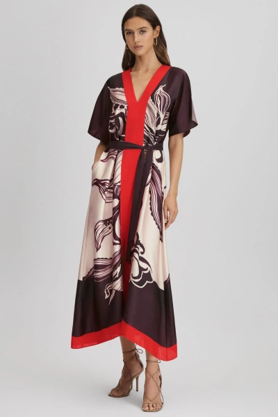 Reiss Hanna - Ivory/burgundy Petite Printed Front Split Midi Dress, Us 0