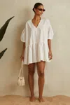 REISS WHITE HATTY COTTON PUFF SLEEVE RESORT DRESS