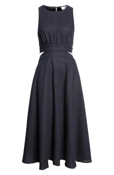 Reiss Hazel Cutout Detail Linen & Cotton Dress In Blue