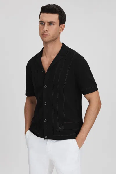 Reiss Heartwood - Black Embroidered Cuban Collar Shirt, S