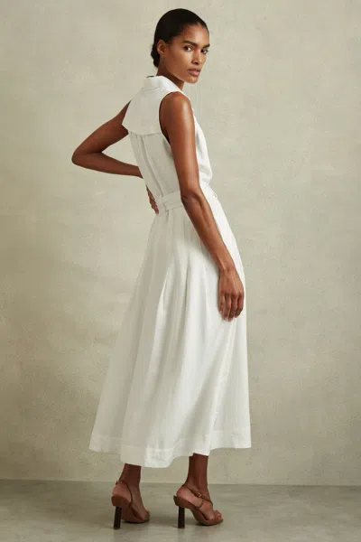 Reiss Heidi - White Petite Viscose Linen Belted Midi Dress, Us 12