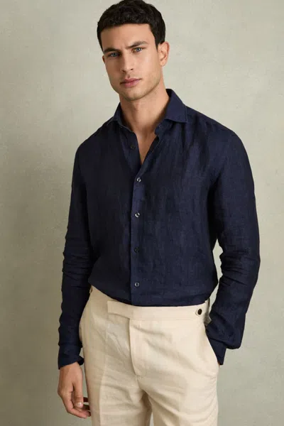 Reiss Mens Navy Ruban Regular-fit Linen Shirt