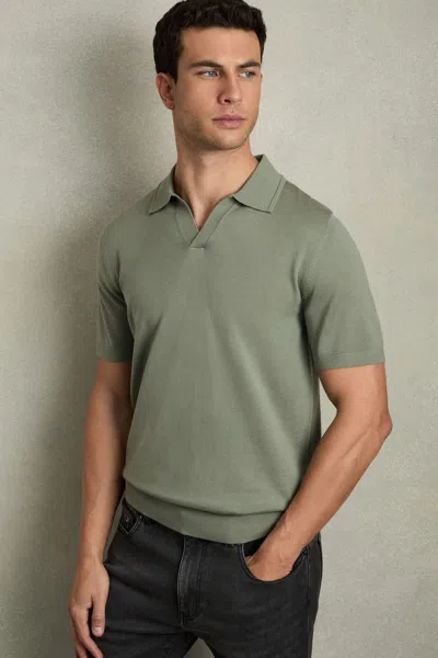 Reiss Herb Green Merino Wool Open-collar Polo Shirt In Herb Green