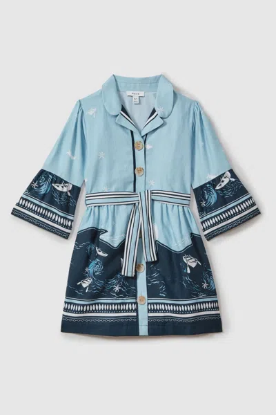 Reiss Hettie - Blue Print Hettie Cotton Linen Flared Sleeve Dress