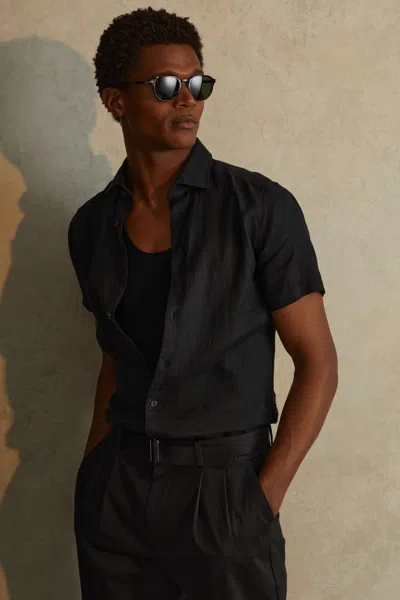 Reiss Holiday - Black Slim Fit Linen Button-through Shirt, S