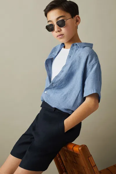 Reiss Kids' Holiday - Sky Blue Short Sleeve Linen Shirt, Age 4-5 Years