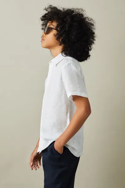 Reiss Holiday - White Short Sleeve Linen Shirt, Uk 10-11 Yrs