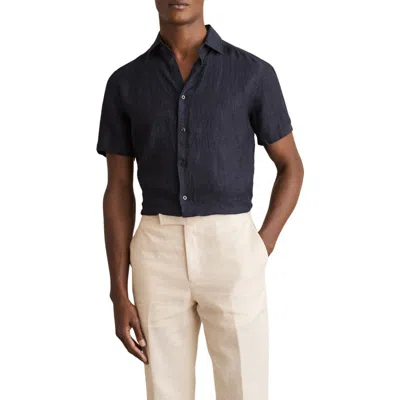 Reiss Mens Navy Holiday Square-collar Short-sleeve Linen Shirt Xs In Blue