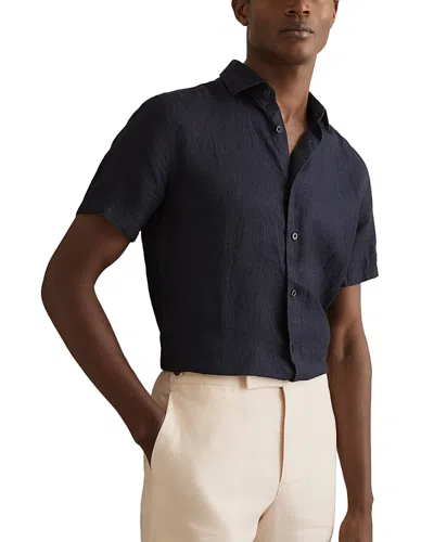 Reiss Mens Navy Holiday Square-collar Short-sleeve Linen Shirt Xs In Blue