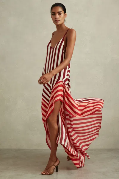 Reiss Holly - Burgundy/off White Colourblock Stripe Asymmetric Midi Dress, Us 2