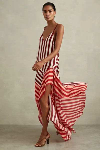 Reiss Burgundy/off White Holly Colourblock Stripe Asymmetric Midi Dress