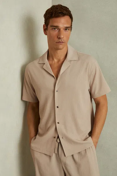 REISS OATMEAL HUNT TEXTURED CREPE CUBAN COLLAR SHIRT