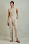 Reiss Stone Cropped Cotton Blend Belted Trousers In Stone