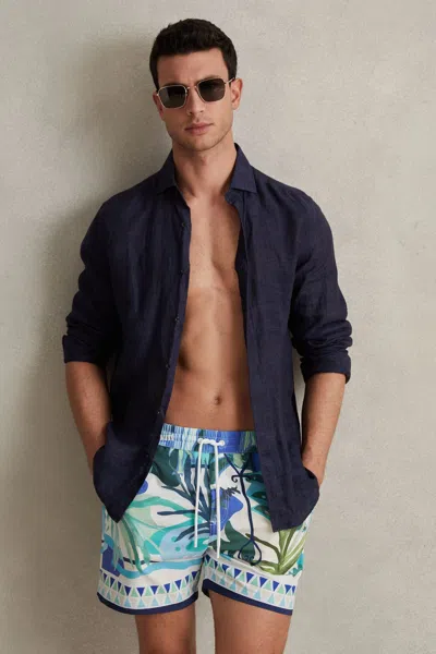 Reiss Green Multi Huwai Printed Drawstring Waist Swim Shorts