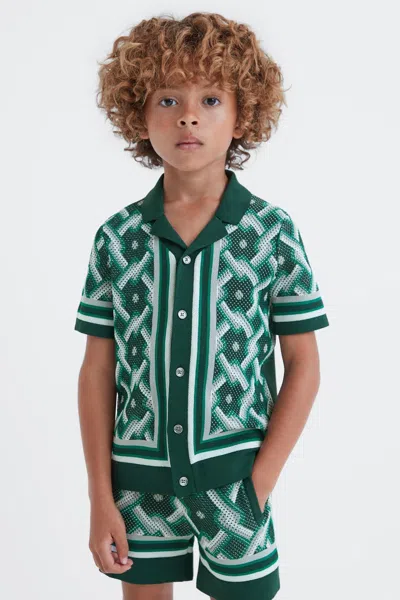 Reiss Hyde - Green Multi Junior Knitted Cuban Collar Button-through Shirt, Age 8-9 Years