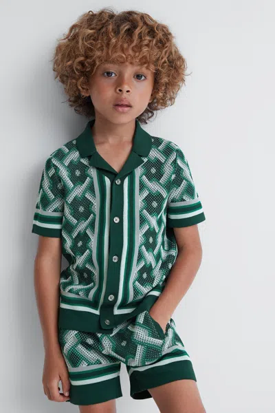 Reiss Hyde - Green Multi Knitted Cuban Collar Button-through Shirt, Uk 13-14 Yrs