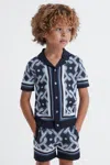 Reiss Hyde - Navy Multi Junior Knitted Cuban Collar Button-through Shirt, Age 3-4 Years