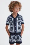 Reiss Navy Multi Hyde Junior Knitted Cuban Collar Button-through Shirt