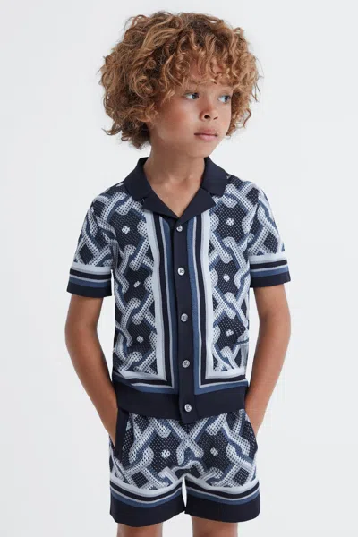 Reiss Navy Multi Hyde Junior Knitted Cuban Collar Button-through Shirt In Navy Multi