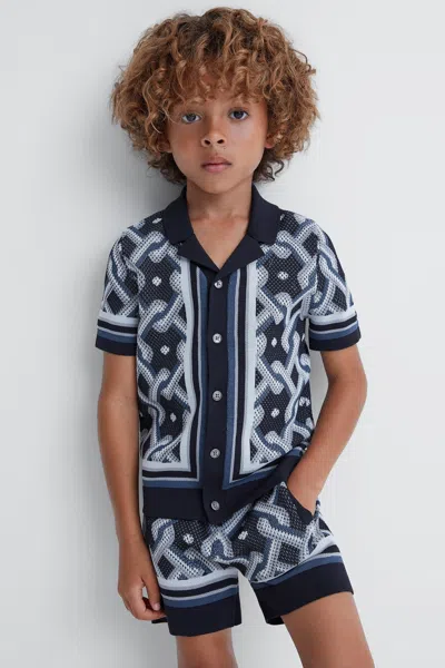 Reiss Kids' Hyde - Navy Multi Knitted Cuban Collar Button-through Shirt, Uk 13-14 Yrs