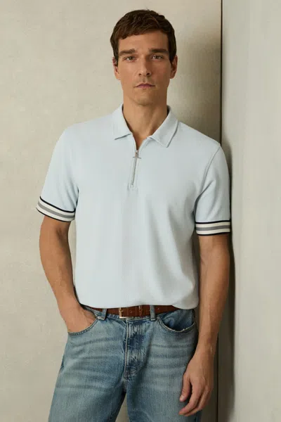 Reiss Ice Blue Textured Contrast Trim Half-zip Polo Shirt