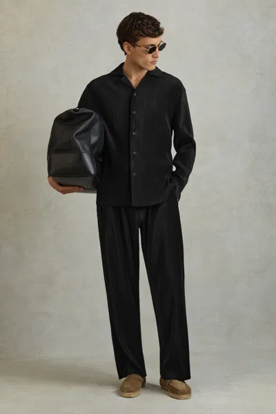 Reiss Icon - Black Plisse Cuban Collar Shirt, Xs