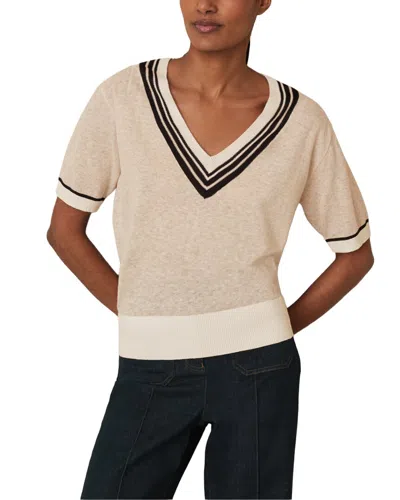 Reiss Neutral V-neck Fine-knit Cricket Top With Linen In Gray