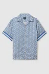 Reiss Bright Blue/white Idra | Ché Monogram Print Cuff Detail Cuban Collar Shirt In Bright Blue/white