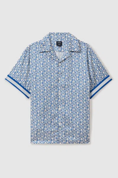 Reiss Bright Blue/white Idra | Ché Monogram Print Cuff Detail Cuban Collar Shirt