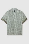 Reiss Ivory/sage Idra | Ché Monogram Print Cuff Detail Cuban Collar Shirt