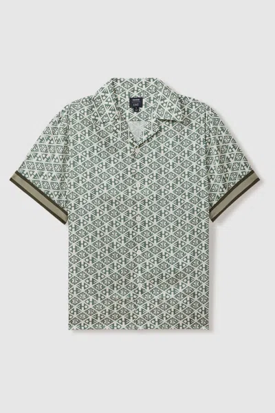 Reiss Men's Cream & Green Print Cuff-detail Cuban Collar Shirt In Ivory/sage