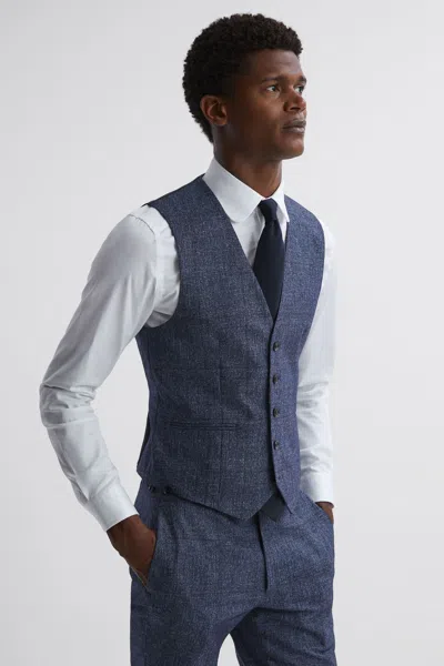 Reiss Indigo Barrett Slim Fit Wool-linen Check Waistcoat