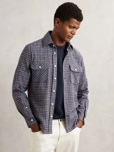 Reiss Indigo Blue Check Twin-pocket Jersey Overshirt In Multi