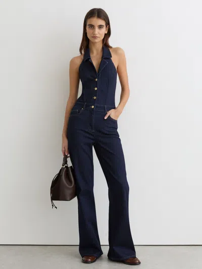 Reiss Indigo Blue Denim Halterneck Flared Jumpsuit
