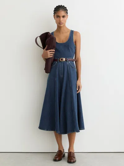 Reiss Indigo Blue Denim Sleeveless Waisted Midi Dress
