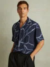 Reiss Indigo Blue Relaxed Printed Cuban Collar Shirt