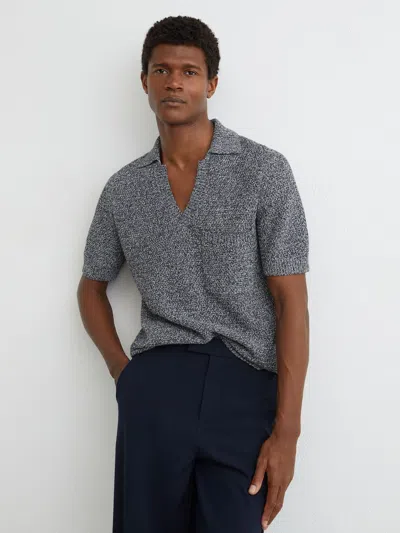 Reiss Indigo Blue Speckle-knit Open-collar Polo Jumper In Gray