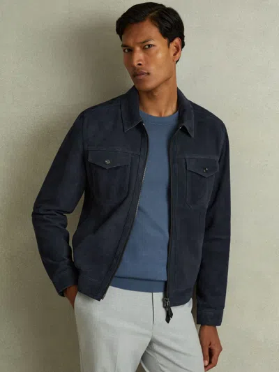 Reiss Indigo Blue Suede Zip-through Trucker Jacket