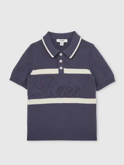 REISS INDIGO BLUE/WHITE 13-14 YRS COTTON LOGO-EMBOSSED KNIT POLO SHIRT
