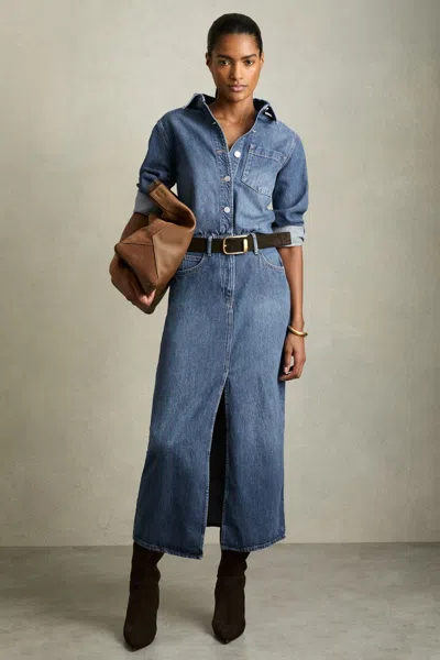 Reiss Indigo Denim Button-through Midi Dress