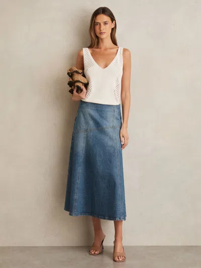 Reiss Indigo Denim Panelled Midi Skirt In Blue